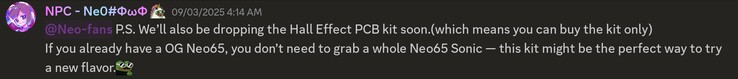 QwertyKeys confirma el kit HE PCB para la serie QwertyKeys Neo65. (Fuente de la imagen: QwertyKeys en Discord)
