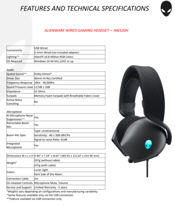 Alienware AW520H - Especificaciones. (Fuente de la imagen: Dell)