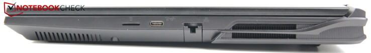 Derecha: Lector MicroSD, USB-C 3.2 Gen2 (DisplayPort 1.4, compatible con G-SYNC, Power Delivery: no), RJ45/LAN