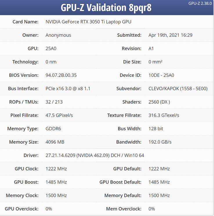 El informe GPU-Z para la GeForce RTX 3050 Ti (Fuente de la imagen: TechPowerUp)