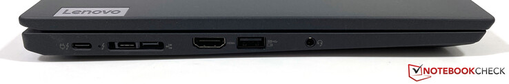 Lado izquierdo: 2 USB-C con Thunderbolt 4 (USB 4, 40 Gbps, PowerDelivery 3.0, DisplayPort 1.4a), extensión Ethernet, HDMI 2.0, USB-A 3.2 Gen.1, conector estéreo de 3,5 mm