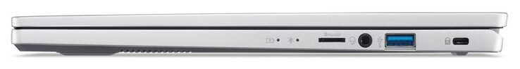 Lado derecho: Lector de tarjetas MicroSD, combo de audio, USB 3.2 Gen 1 (USB-A), ranura para un candado Kensington