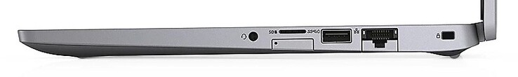 Lado derecho: Clavija de audio combinada, ranura SIM (abajo), lector de microSD (arriba), USB 3.1 Gen 1 Tipo-A, LAN Gigabit, cerradura Noble