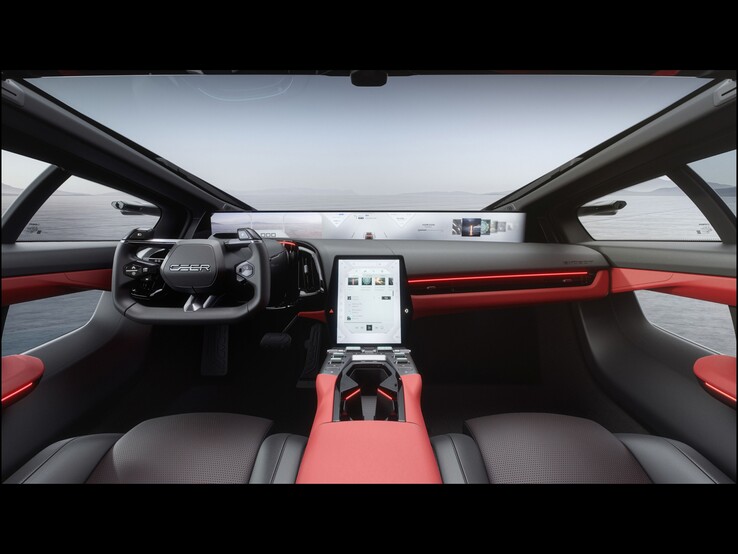 Interior con yugo, «Digital Horizon Display» de 48 pulgadas y pantalla táctil de 10,4 pulgadas en la consola central.