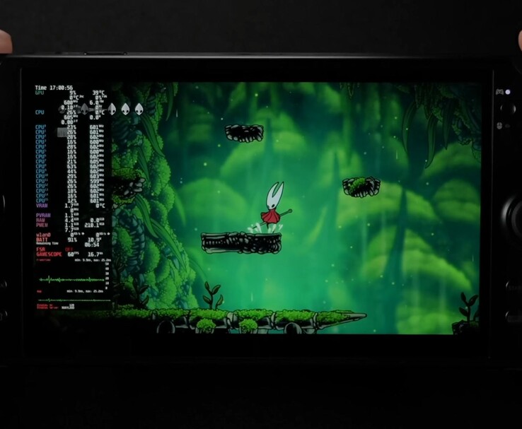 GPD Win 5 ejecutando Hollow Knight: Silksong en SteamOS a 6 W TDP con 60 FPS bloqueados. (Fuente de la imagen: ETA Prime vía YouTube)