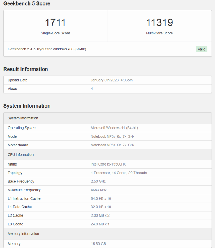 Listado de Intel Core i5-13500HX en Geekbench (imagen vía Geekbench)