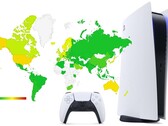 Los precios de los PS5 frente a los ingresos mensuales medios - verde oscuro (bajo) a rojo (alto). (Fuente de la imagen: PlayStation/Numbeo - editado)