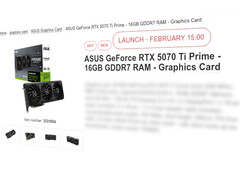 La Nvidia GrForce RTX 5070 Ti se lanzará supuestamente el 20 de febrero. (Fuente de la imagen: Proshop)