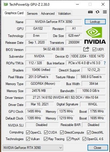 Información de la GPU-Z para la RTX 3090 GA102-250. (Fuente de la imagen: Hardwareluxx)