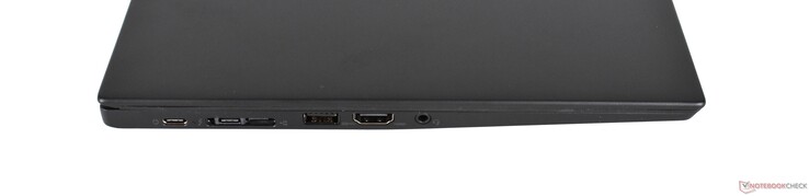 Lado izquierdo: un puerto USB 3.1 Gen 1 Tipo-C, un puerto Thunderbolt 3, miniRJ45/Dockingport, un puerto USB 3.0 Tipo-A, combinación de auriculares/micrófono.