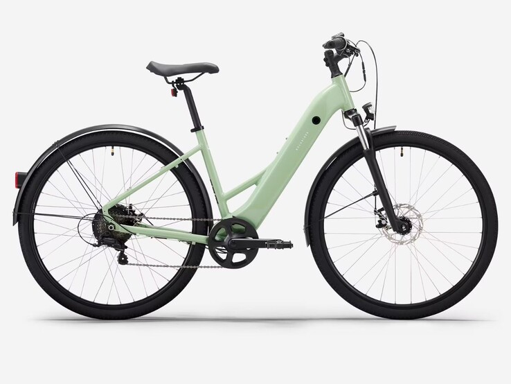 La bicicleta eléctrica híbrida Rockrider E-ACTV 100 Low Frame de Decathlon en verde almendra
