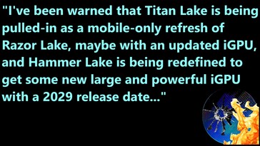 Filtración de los Intel Titan Lake e Intel Hammer Lake. (Fuente de la imagen: Moore's Law Is Dead en YouTube)