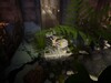 Quill se encuentra en un camino de piedra a cuadros blancos y negros bajo una gran rama de helecho verde en el interior de un corredor de piedra de un castillo.