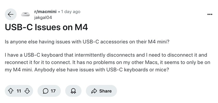Los problemas de conexión USB-C del Mac mini siguen apareciendo en los foros. (Fuente de la imagen: Reddit)