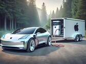 Una impresión generada por IA de un coche Apple con un sistema de baterías fuera del vehículo. (Imagen: Dall-E 3)