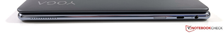 Lado derecho: Botón de encendido, USB-C 3.2 Gen. 2 (Power Delivery 3.0, DisplayPort-ALT modo 1.4), conector estéreo de 3,5 mm