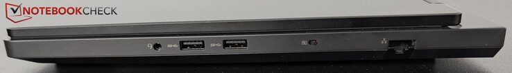 Derecha: toma de auriculares, 2 USB-A (5 Gbps), obturador de cámara web, LAN