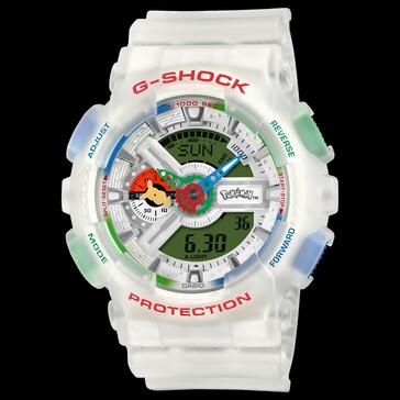 Vista frontal del Casio G-Shock Pokémon 30.º Aniversario GA-110PKM-7A sobre un fondo negro.