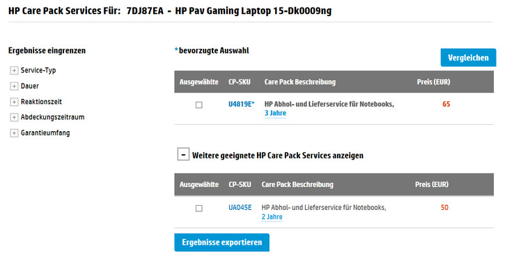 Opciones del HP Care Pack