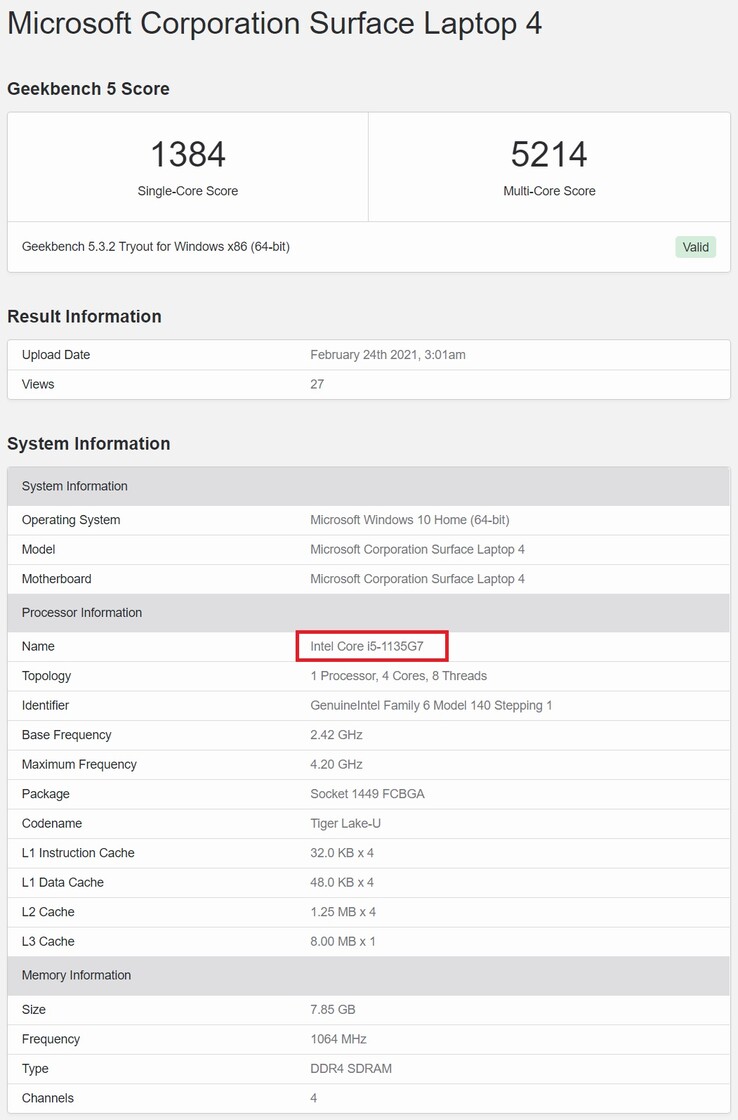 Surface Laptop 4 con Tiger Lake. (Fuente de la imagen: Geekbench)