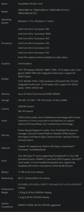 Especificaciones de la TravelMate P4 Spin 14 AI