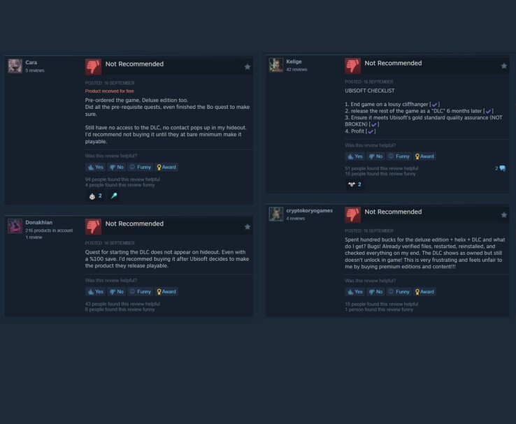 Reseñas de usuarios de Steam criticando los problemas del DLC de Ubisoft, con múltiples jugadores marcando el contenido como no recomendado (Fuente de la imagen: Steam)