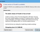 Vivaldi 2.5 update notification (Source: Own)