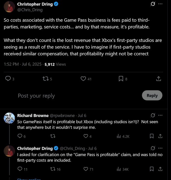Mensaje de Christopher Dring X sobre la rentabilidad de Xbox Game Pass (Fuente de la imagen: captura de pantalla, cuenta de Christopher Dring X)
