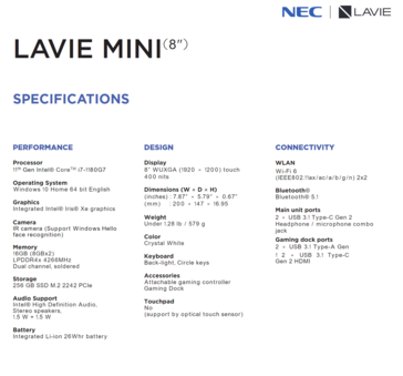 NEC Lavie Mini - Especificaciones. (Fuente de la imagen: Lenovo)