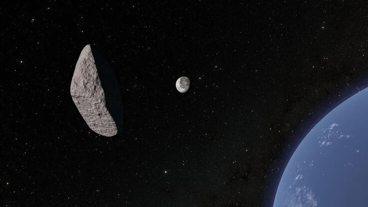 Ilustración que muestra el paso del asteroide 2024 YR4 cerca de la Luna.  