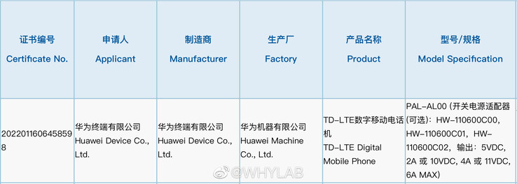 El "Mate X3" aparece en la base de datos del 3C. (Fuente: WHYLAB vía Weibo)