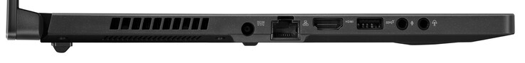 Lado izquierdo: Adaptador de CA, Gigabit Ethernet, HDMI, USB 3.2 Gen 2 (Tipo A), entrada de micrófono, conector de auriculares