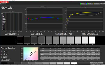 CalMAN: Escala de grises - Perfil: Ajustes vivos y optimizados. Espacio de color de destino DCI-P3