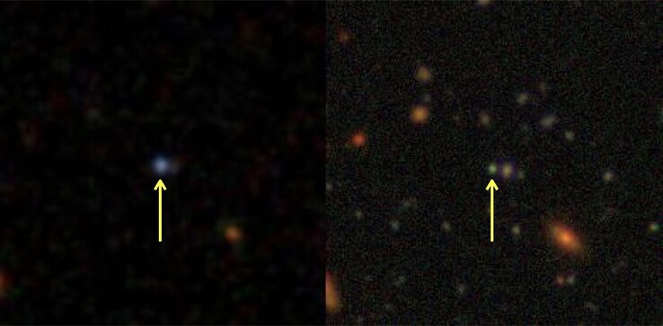 Una imagen que muestra la galaxia J0218-0036 en 2002 a la izquierda y en 2018 a la derecha.