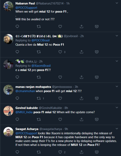 Algunas de las recientes quejas sobre la falta de MIUI 12 para el Pocophone F1. (Fuente de la imagen: Twitter)