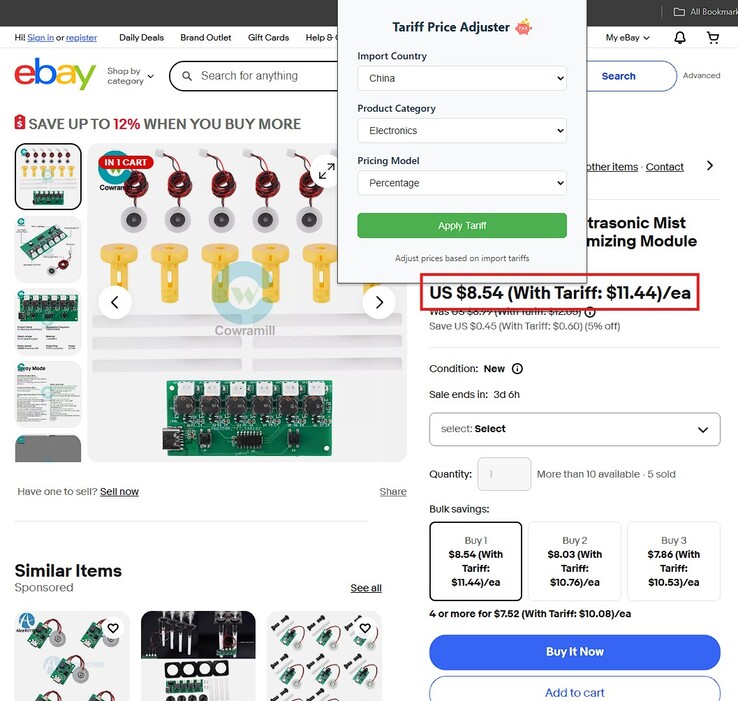El ajustador de precios arancelarios en acción en eBay