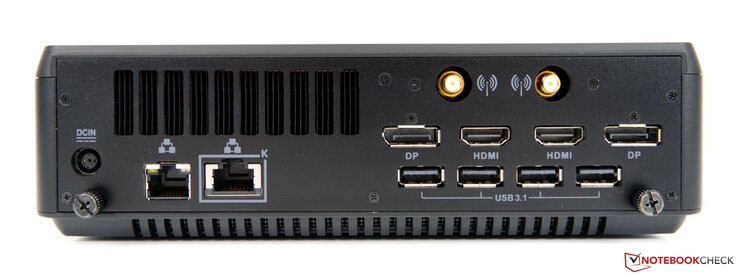 Parte trasera: puerto de alimentación, Dual-LAN (1G y 2,5G), 4x USB 3.1 Tipo-A, 2x DisplayPort, 2x HDMI, 2x antenas WLAN