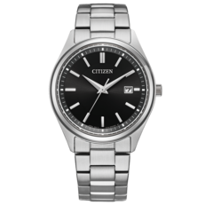 Reloj de vestir Citizen BM1350-54E Eco-Drive con esfera negra con acabado rayos de sol, caja y brazalete de acero inoxidable, índices horarios tipo bastón y indicador de fecha a las 3 en punto.