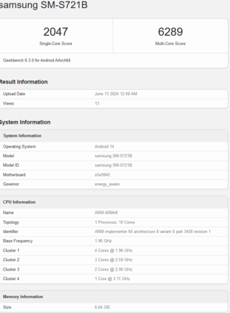 Puntuación en Geekbench del Samsung Galaxy S24 FE (imagen vía Geekbench)