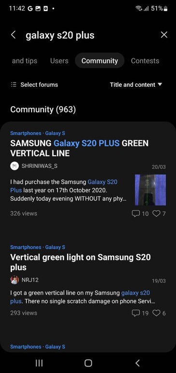 Los usuarios se quejan de los problemas de visualización de Galaxy S20 Plus en Samsung Members (imagen vía propia)