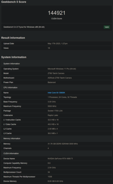 Nvidia GeForce RTX 4060 Ti Geekbench (imagen vía Geekbench)