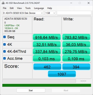 Comprobación del rendimiento con el ADATA SE920 a través de USB-C