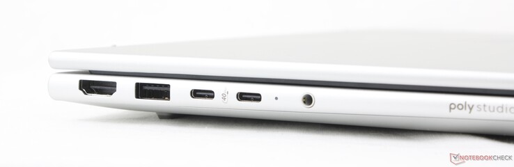 Izquierda: HDMI 2.1, USB-A (5 Gbps), 2x USB-C 4.0 con DisplayPort 1.4 + Power Delivery (40 Gbps)