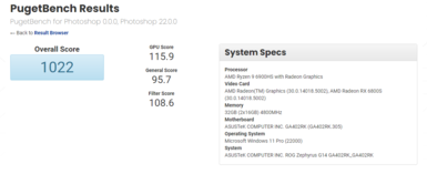 Asus ROG Zephyrus G14 con Ryzen 9 6900HS y Radeon RX 6800S en PugetBench Photoshop. (Fuente: PugetBench)