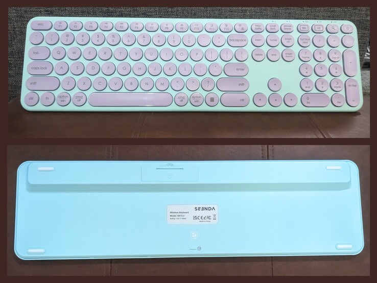Un vistazo a la parte delantera y trasera del sencillo teclado inalámbrico Seenda Creative WGJP-073-3-SD. (Fuente de la imagen: Megan Miranda Reyes)