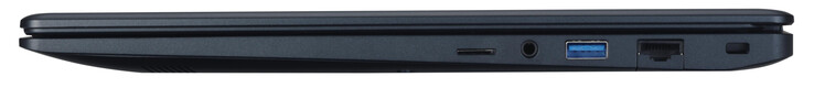 Lado derecho: Lector de tarjetas de memoria MicroSD, combo de audio, USB 3.2 Gen 1 (Tipo A), Gigabit Ethernet, ranura para un bloqueo de cable