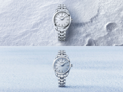 El Grand Seiko SBGX359 (arriba) y el SBGX361 (abajo), fotografiados sobre fondos estilizados de nieve y cielo.
