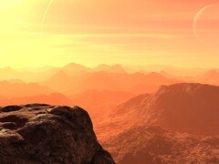 Ilustración de un artista que muestra un paisaje en un exoplaneta.