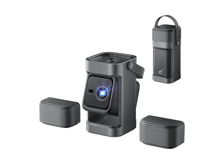 El proyector Soundcore Nebula P1 cuenta con dos altavoces desmontables de 10 W, un asa de transporte y un cardán de doble brazo de 130 grados. (Fuente de la imagen: Anker)