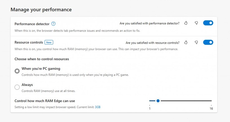 La configuración de recursos de Microsoft Edge permite a los usuarios establecer un límite fijo de RAM. (Fuente: Microsoft)